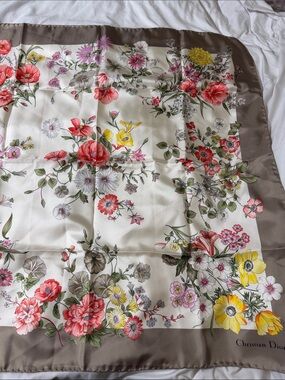 Dior Floral Silk Scarf in Cream, Red, Pink, Yellow & Taupe Border